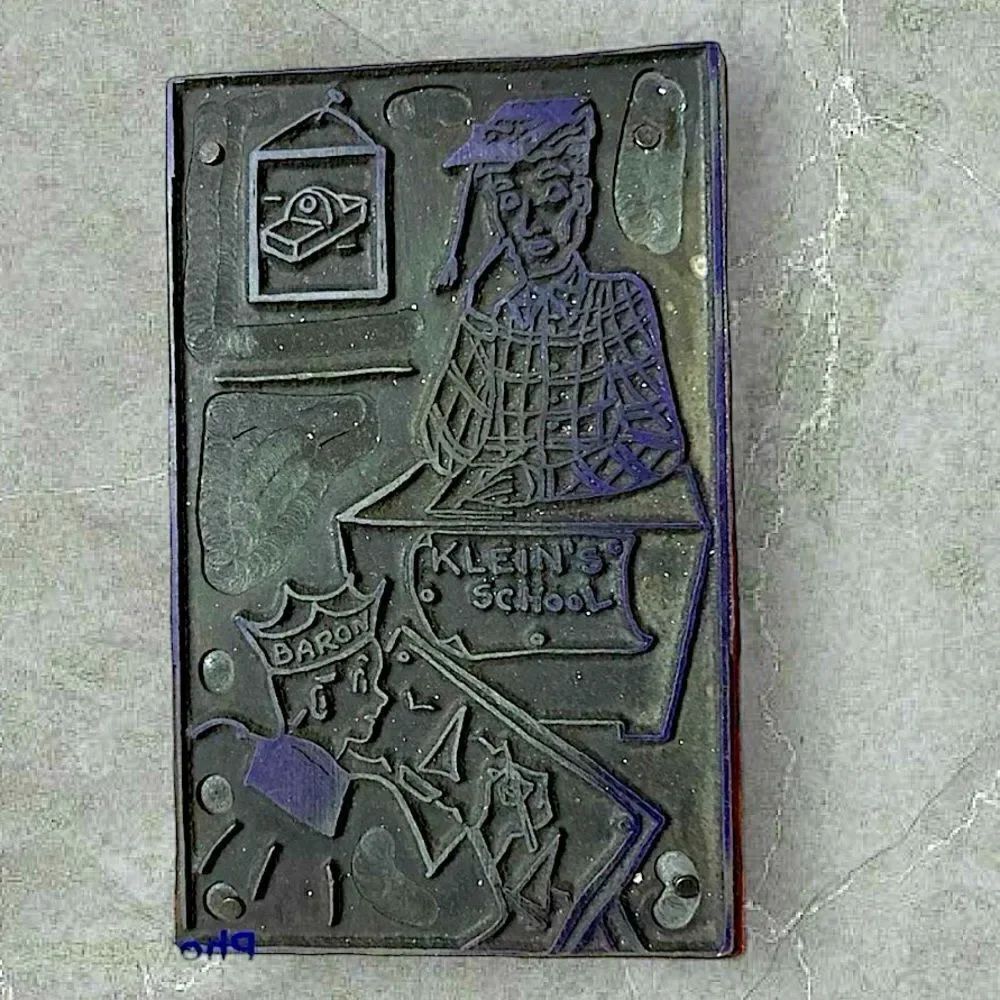 Vintage 40s Copper Printing Block letter press printer block with School scene